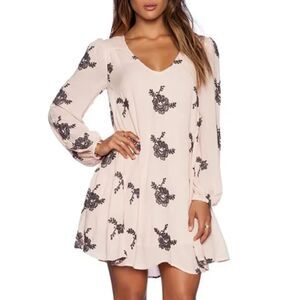 FREE PEOPLE Pink Gray Emma Floral Embroidered Boho Mini Swing Dress Size XS